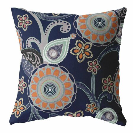 PALACEDESIGNS 20 in. Indigo & Orange Floral Indoor & Outdoor Throw Pillow Multi Color PA3095335